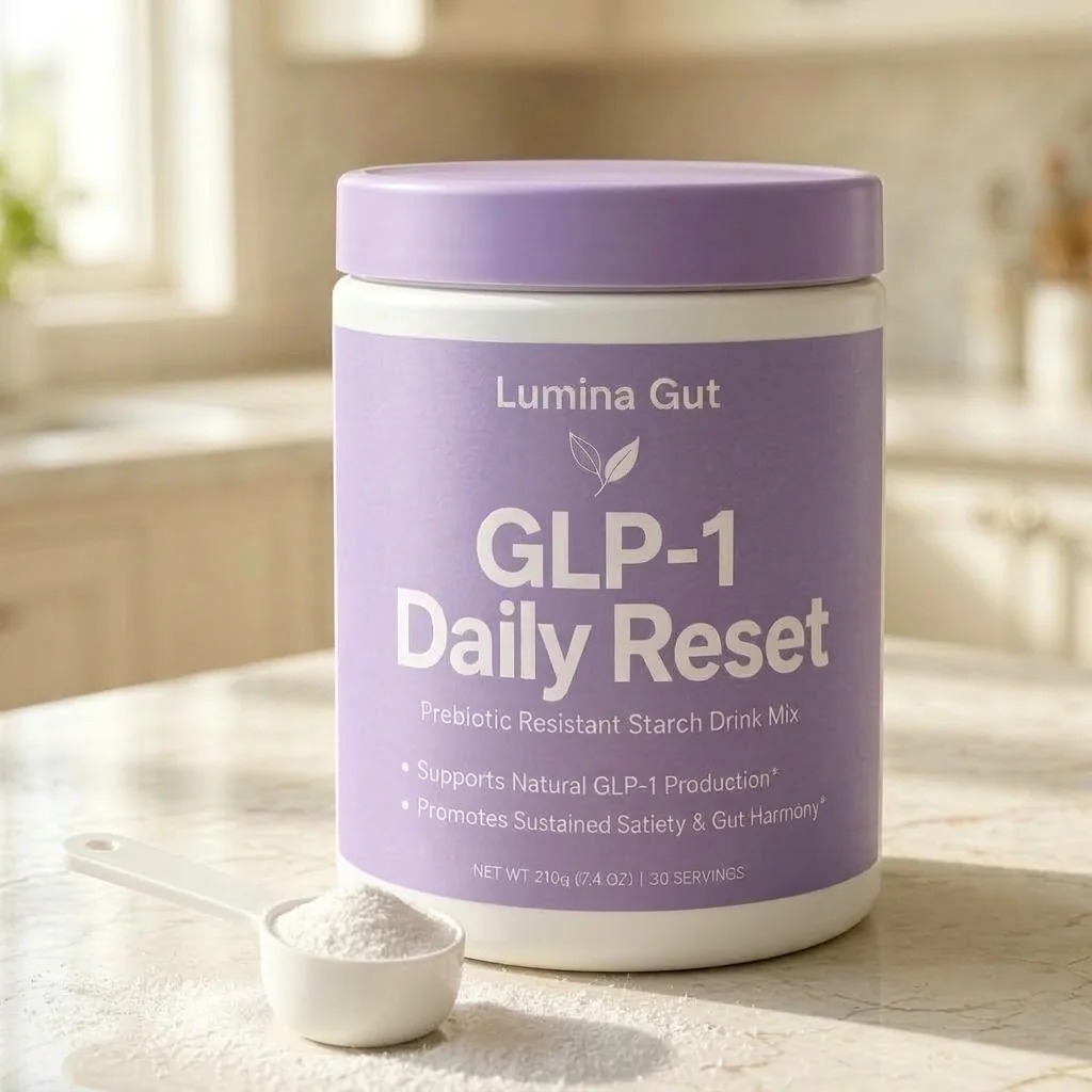 Lumina Gut GLP-1 Daily Reset 210g Tub on marble kitchen counter with powder scoop
